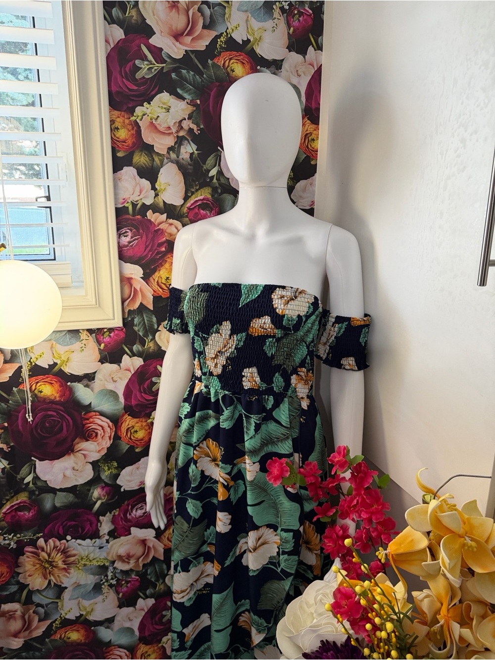 Off-Shoulder Blue Tropical Floral Midi Dress with Smocked Bodice